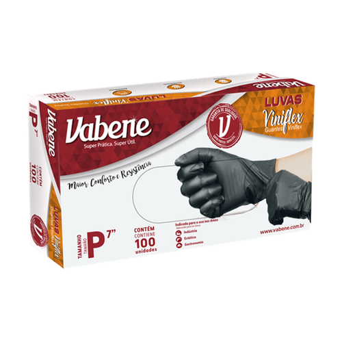 Luva Vinilflex sem Pó Preta P com 100 unidades Vabene