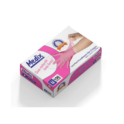Luva Descartável Nitrílica sem Pó Rosa M CA 50187 com 100 unidades Medix
