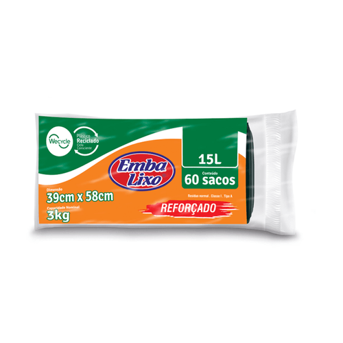 Saco para Lixo Embanew Reforçado Preto 15L com 60 unidades Embalixo