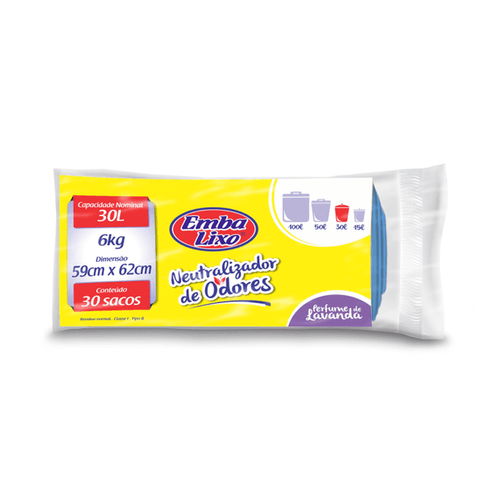 Saco para Lixo Neutralizador de Odores Lavanda Azul 30L com 30 unidades Embalixo