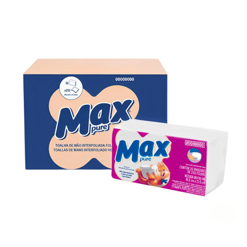 Papel Toalha Interfolha 2 Dobras Folha Simples 21,5x19,5 com 9000 Folhas Max Pure