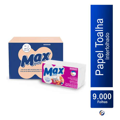 Papel Toalha Interfolha 2 Dobras Folha Simples 21,5x19,5 com 9000 Folhas Max Pure