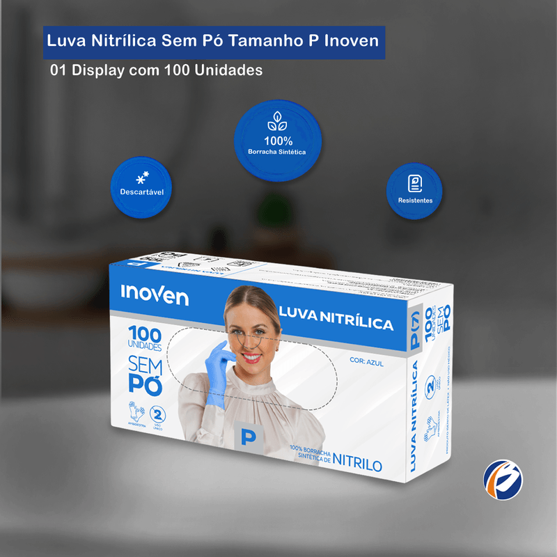 Luva Nitrilica Sem Po Azul Tamanho P com 100 unidades Inoven 103390.png