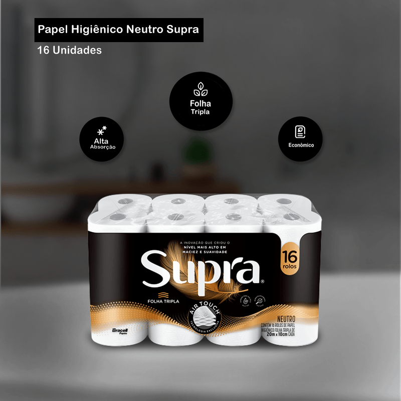 Papel Higienico Folha Tripla 20m Alta Absorcao 16 rolos Supra 103729