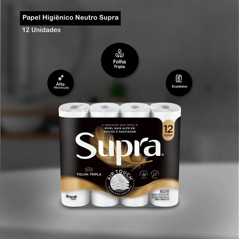Papel Higienico Folha Tripla 20m Alta Absorcao 12 rolos Supra 103727