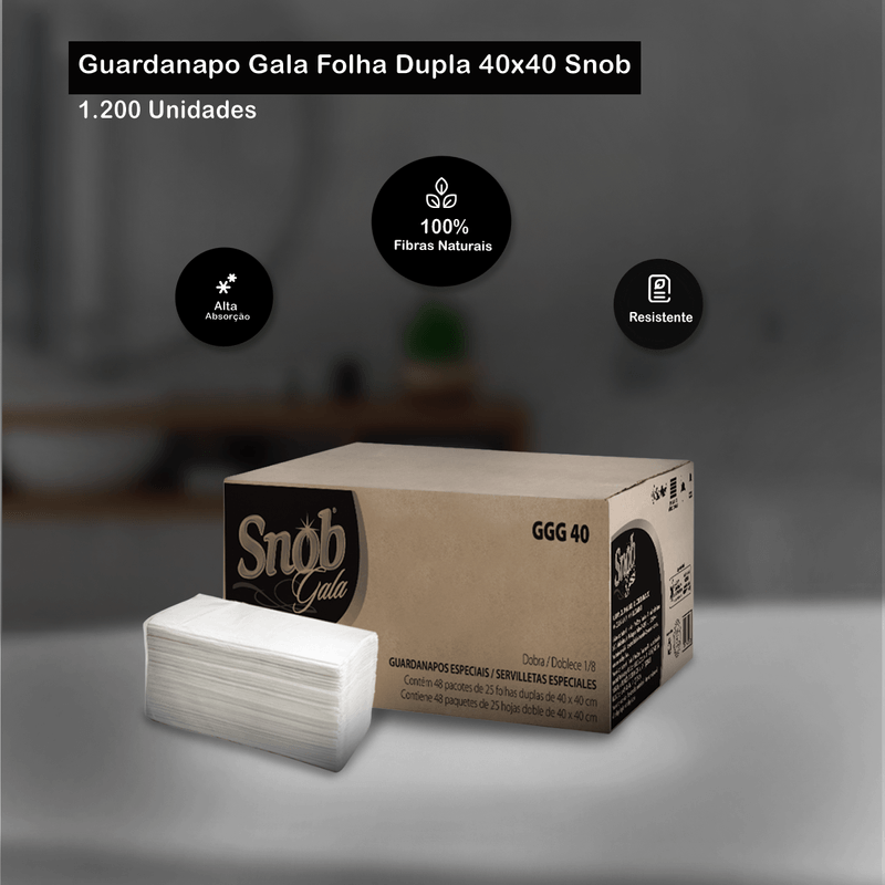Guardanapo Alta Absorcao Folha Dupla Gala 40x40 com 1.200 unidades Snob 119071