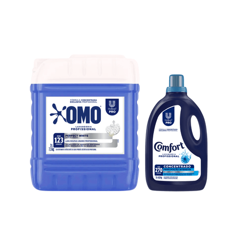 Kit Lava Roupas Líquido Perfect White 7L Omo + Amaciante Concentrado Profissional 5L Comfort