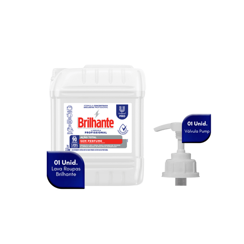 Kit Lava Roupas Líquido Ação Total Sem Perfume 7L Brilhante + Válvula Pump para Galão 5L/7L