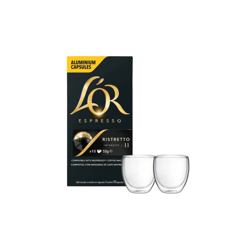 Kit Cápsula de Café Espresso Ristretto 10x5,2g L'or + 02 Copos de Vidro Borossilicato 80ml Nobre