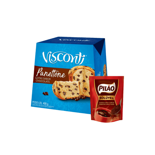 Kit Panettone Gotas de Chocolate 400g Visconti + Café Solúvel em Pó Pouch 40g Pilão