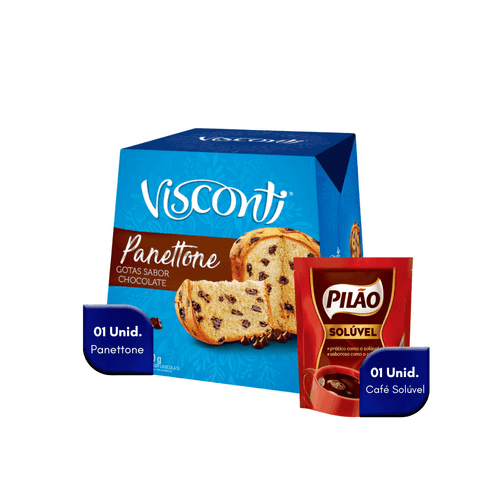 Kit Panettone Gotas de Chocolate 400g Visconti + Café Solúvel em Pó Pouch 40g Pilão
