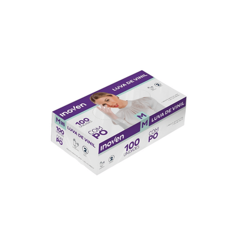 Luva Viníl com Pó Transparente M com 100 unidades Inoven