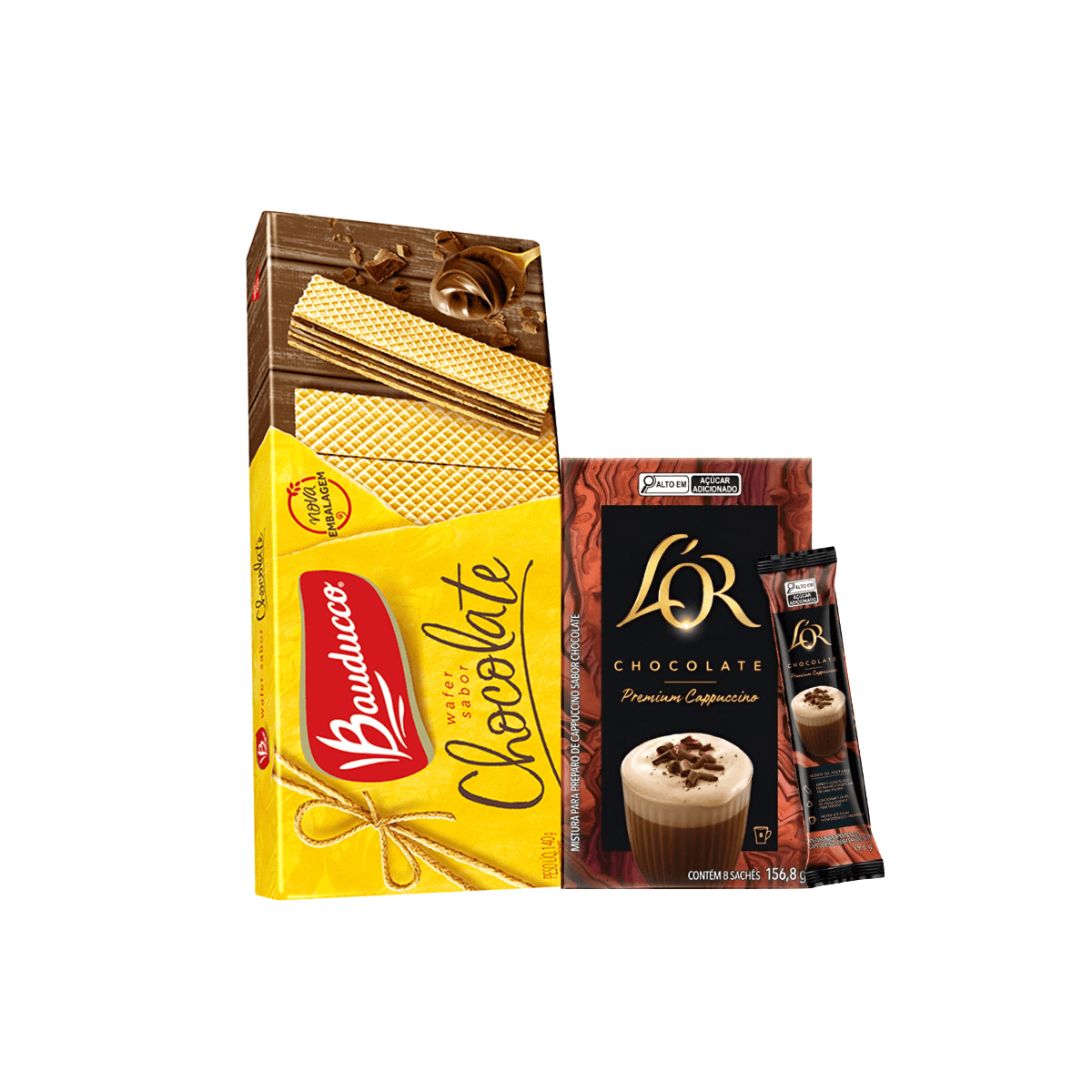 Kit Cappuccino Chocolate Stick 8x19,6g L'or + Biscoito Wafer Chocolate 140g Bauducco