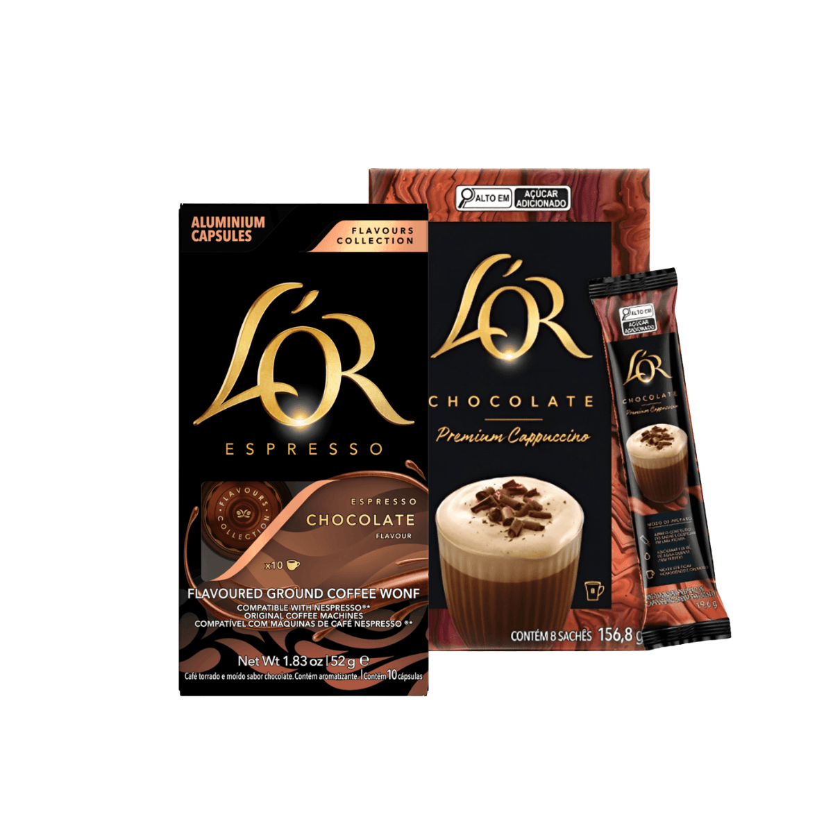 Kit Cápsula de Café Expresso Chocolate 10x5,2 L'or + Cappuccino Chocolate Stick 8x19,6g L'or