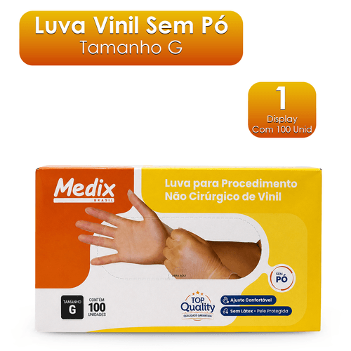 Luva Vinil sem Pó G CA 48203 com 100 unidades Medix