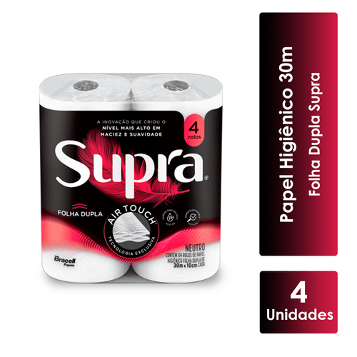 Papel Higiênico Folha Dupla 30m com 04 Rolos Supra