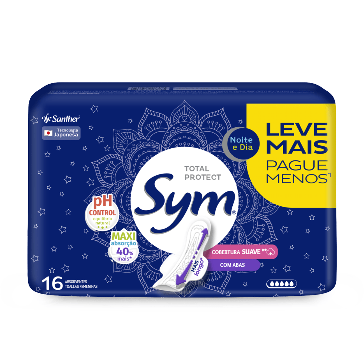 Absorvente Cobertura Suave com Abas Leve 16 Pague 14 Sym
